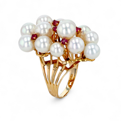 18K yellow gold bouquet natural pearl accents ruby’s ring-33917