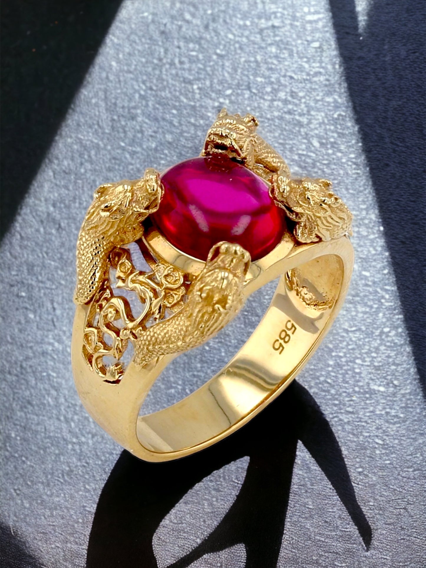 14K Yellow gold 4 dragons ring cabochon ruby labs ring-64898p