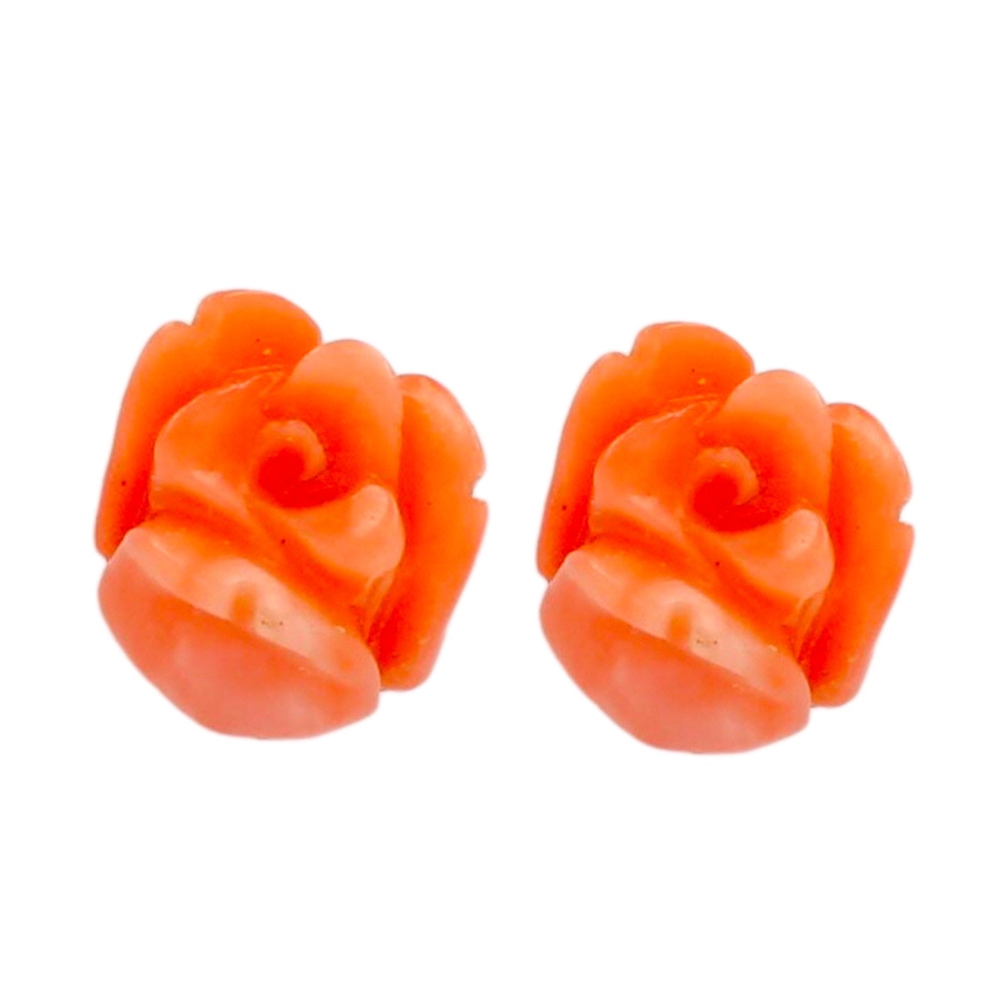 14K Yellow gold red coral carving rose studs earrings
