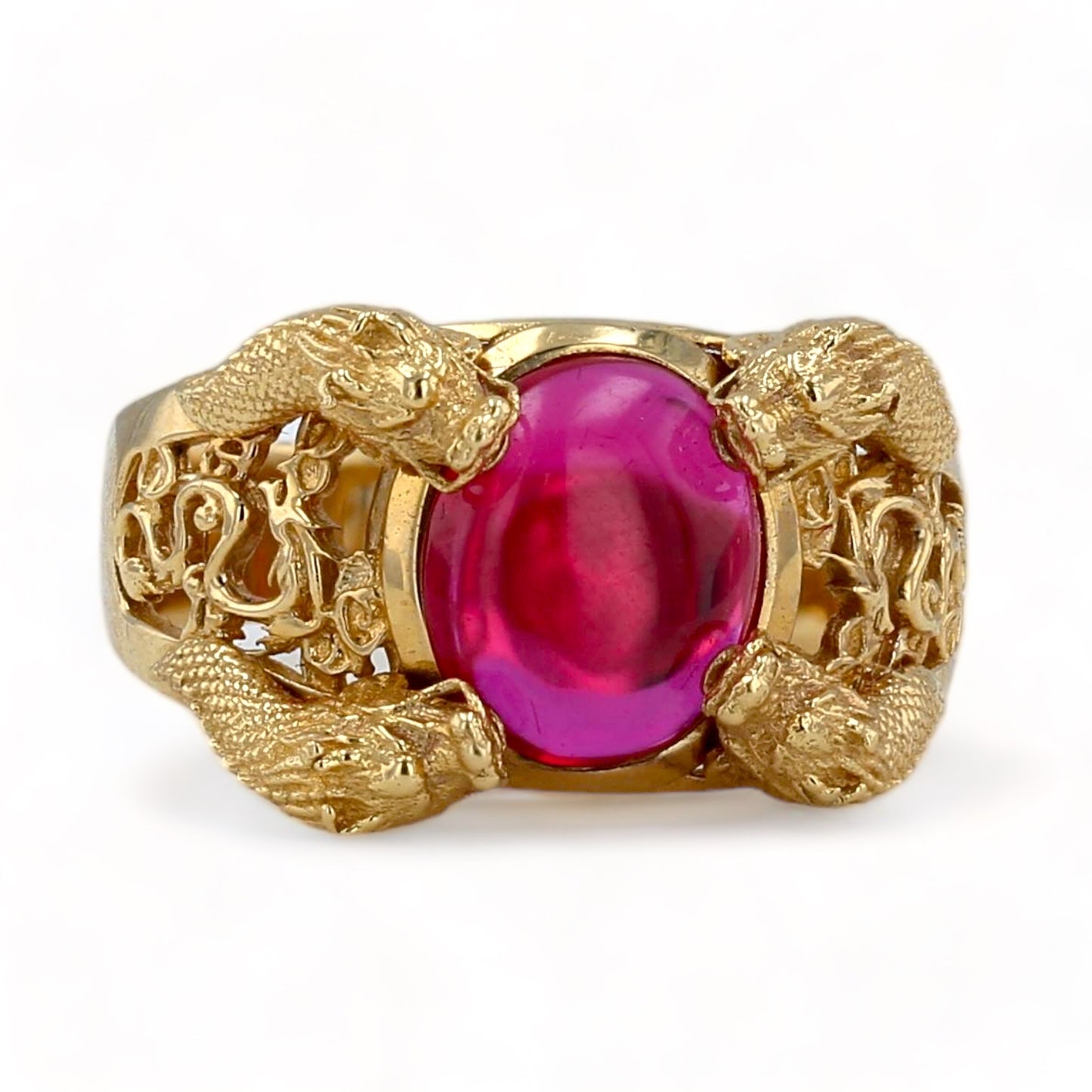 14K Yellow gold 4 dragons ring cabochon ruby labs ring-64898p