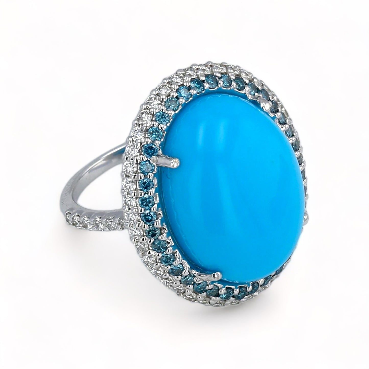 18K White gold oval natural turquoise halo blue diamonds ring
