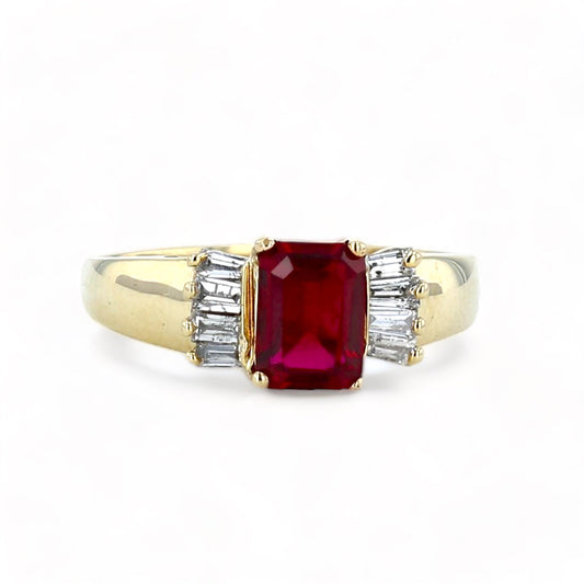10k Yellow gold solitary ruby and baguette diamonds-49245