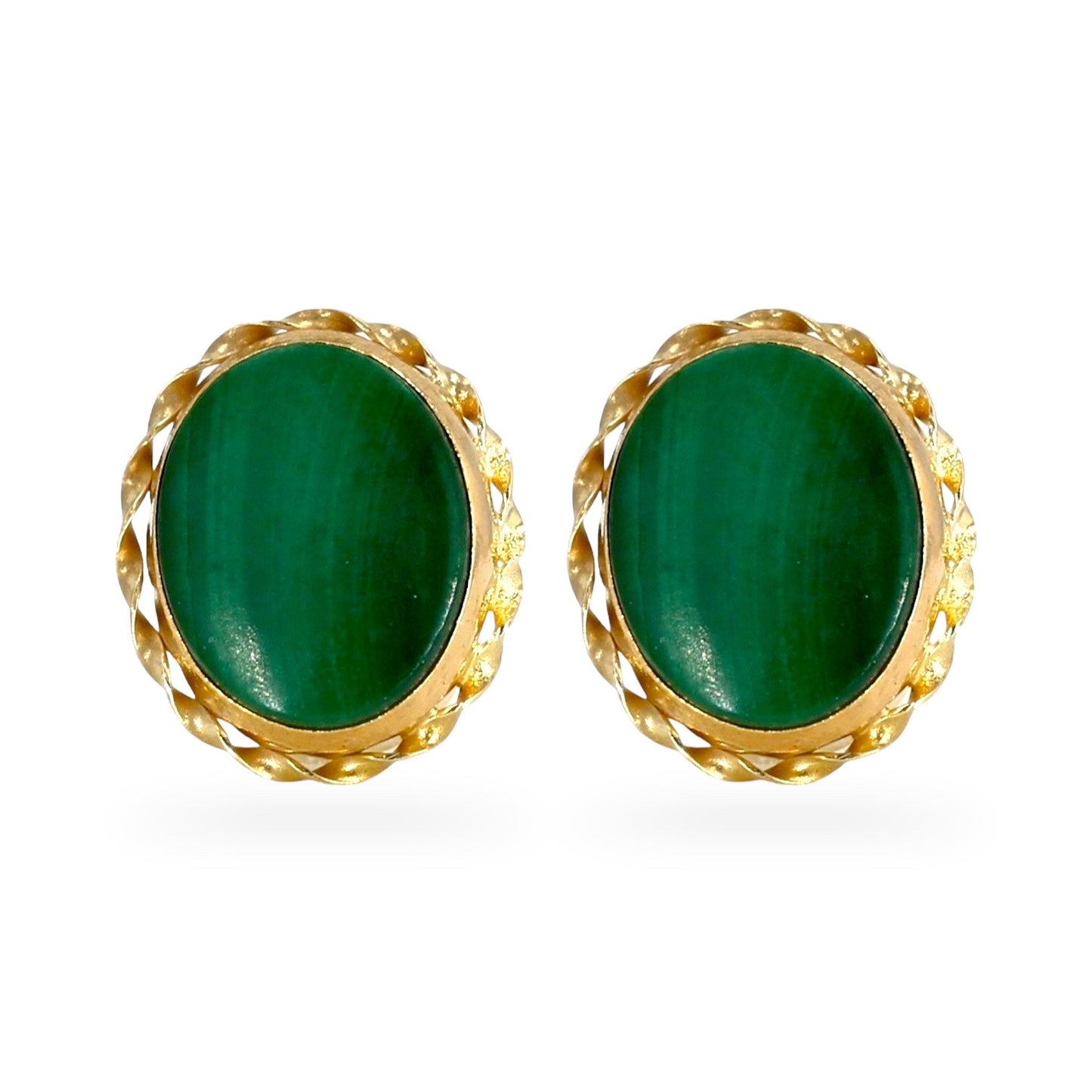 14K yellow gold oval green Malachite earrings