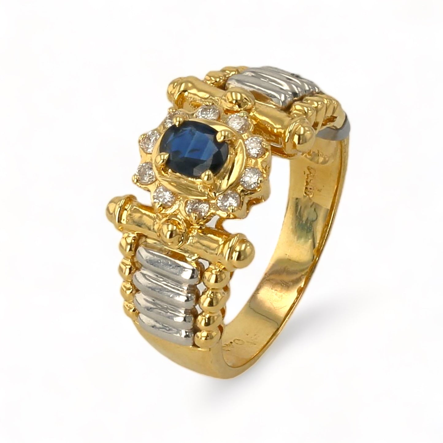 18k two tones gold estate gothic center blue sapphire rounding halo diamonds ring-275521
