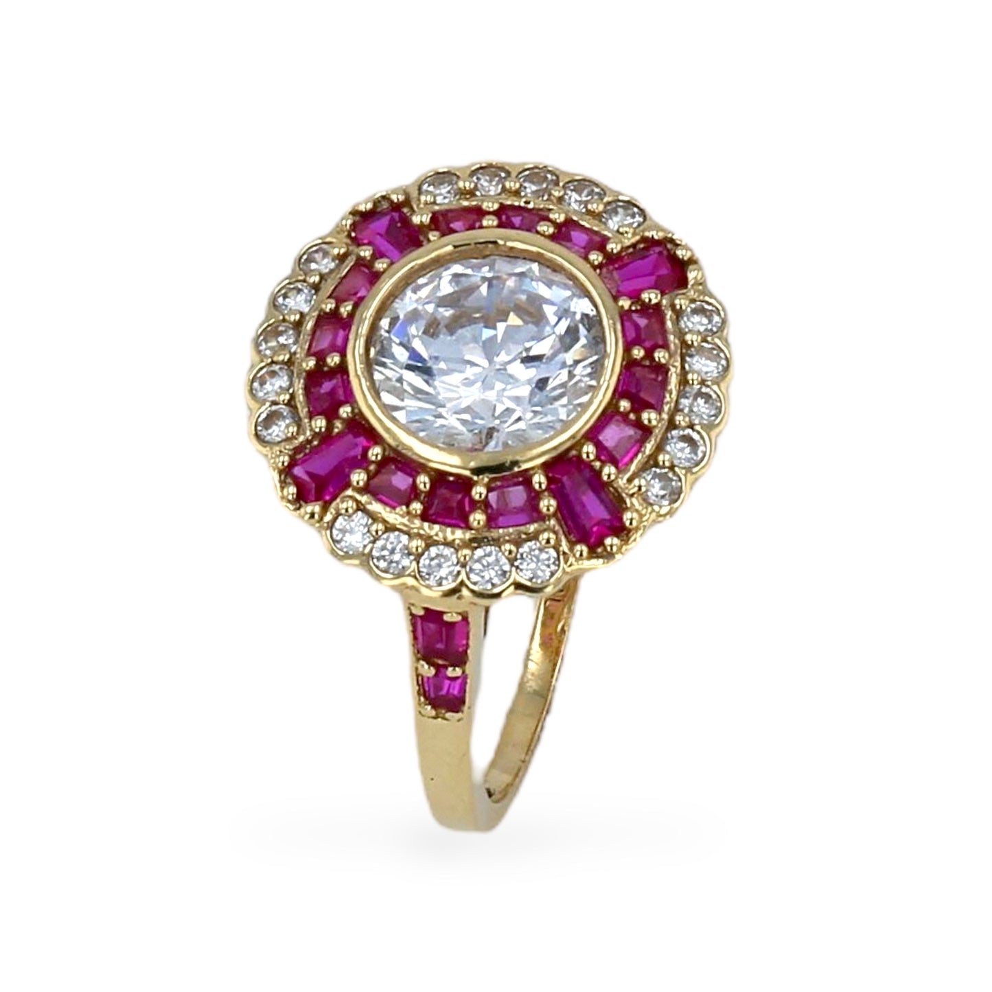 14K Yellow gold round rosette red ruby halo ring-207378