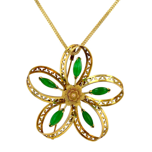 14K Yellow gold 5 petals clover solid natural jade Vintage Necklace