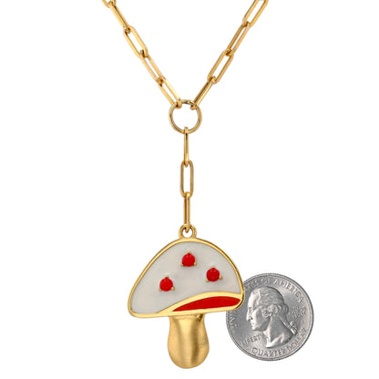 14K Yellow gold mushroom enamel red coral pendant choker paper clip-538393