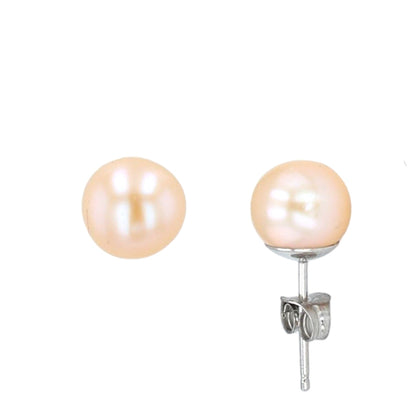 14k White gold pink real pearl studs earrings-0987