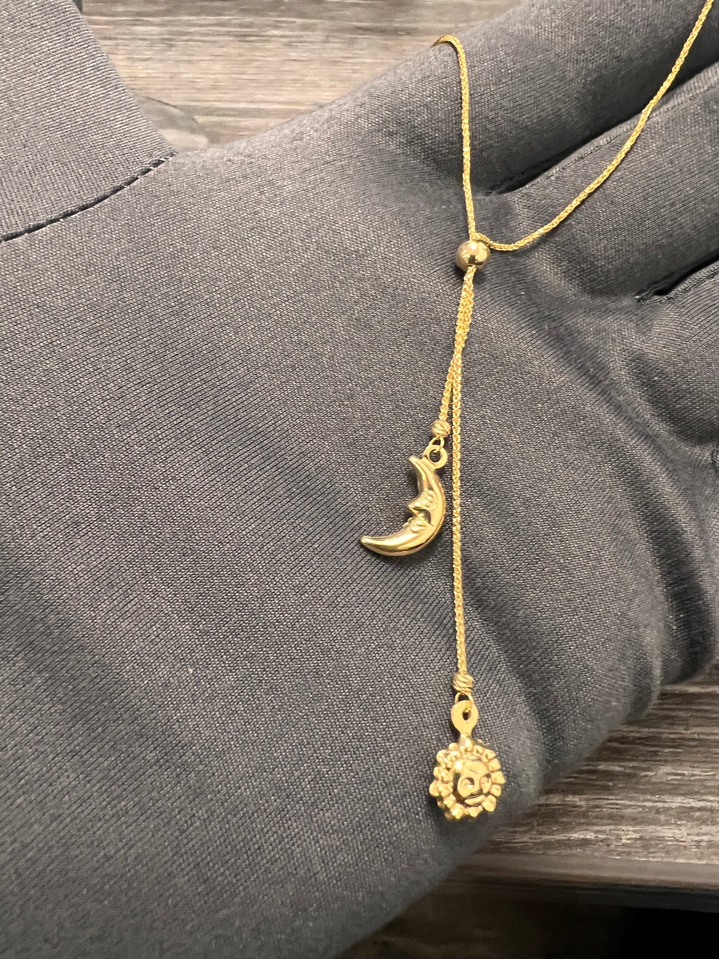 10K yellow gold adjustable moon and sun necklace