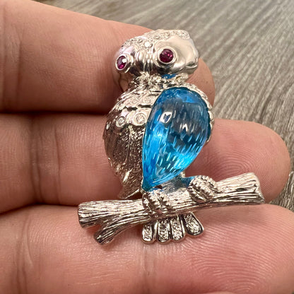 18k white gold vintage pendant-pin luxury owl blue topaz ruby-11215