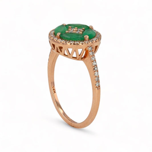 14k Rose  gold green emerald  diamonds accents clover ring-22697