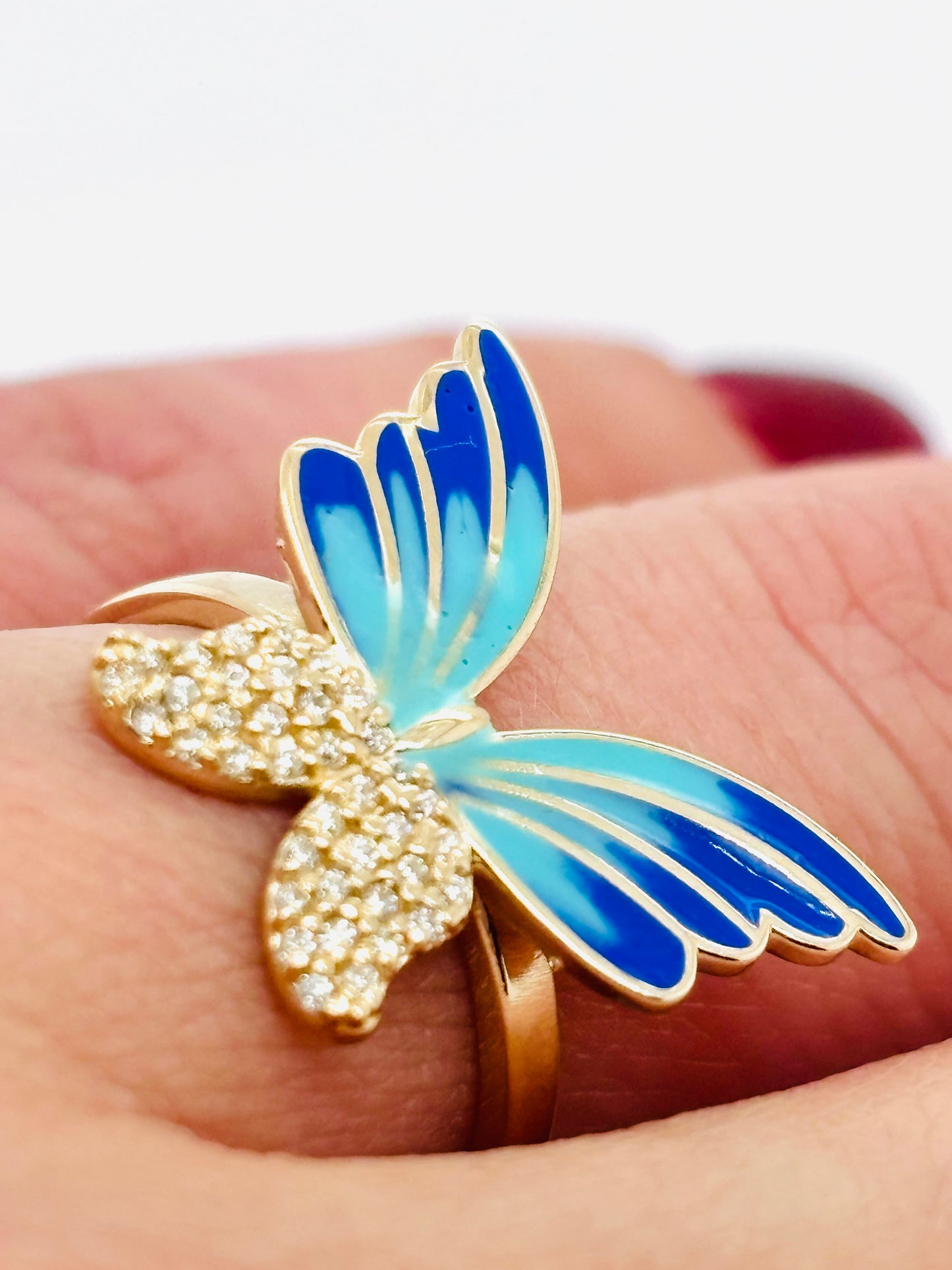 14K Yellow gold two color hand painted blue monarca diamonds butterfly ring-633939