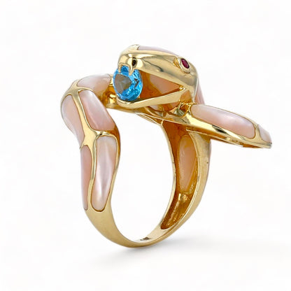 14K Yellow gold two tone mother pearl blue aquamarine and ruby decoration fancy cobra ring