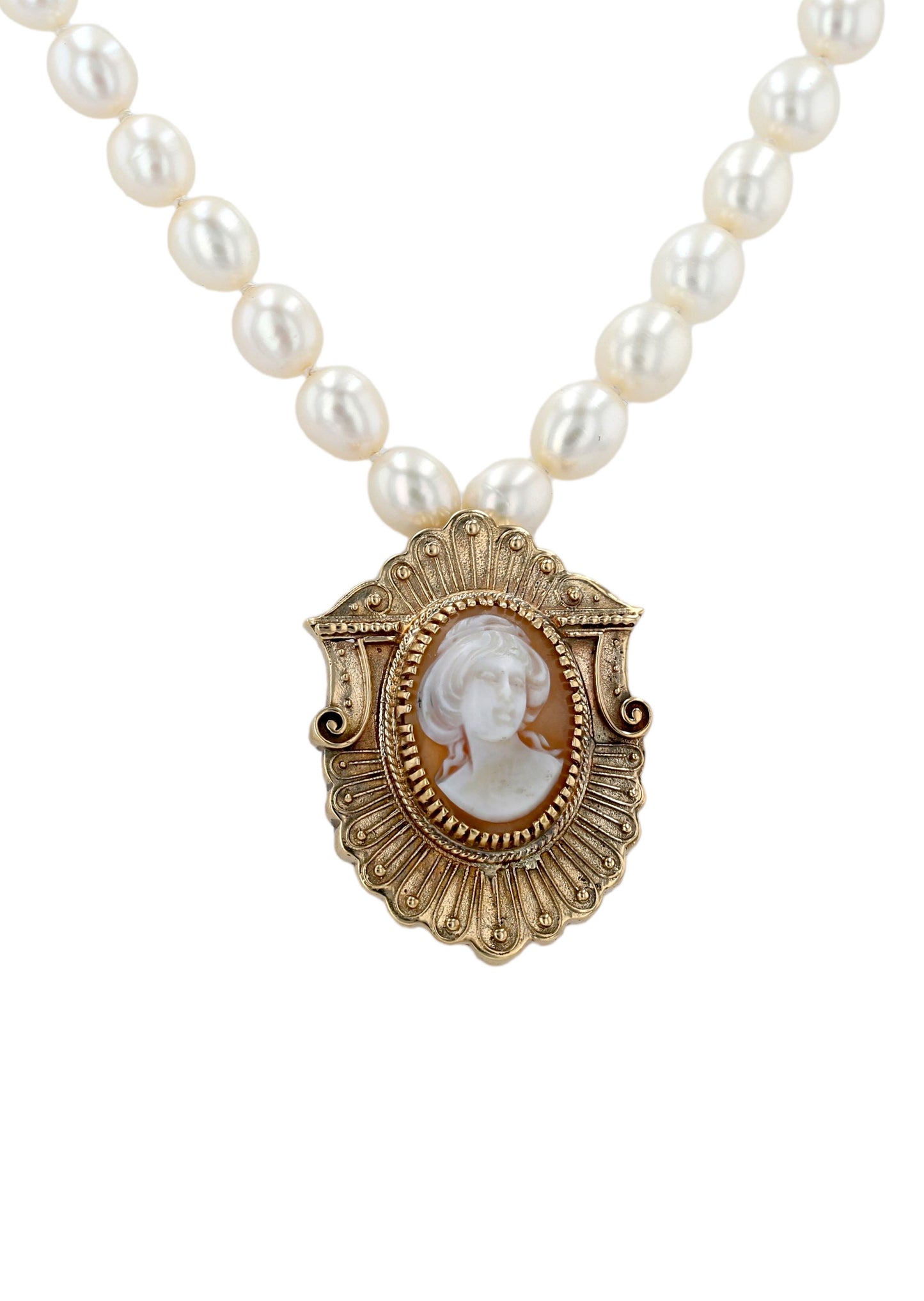 White Pearl necklace gold 14k cameo pendant.