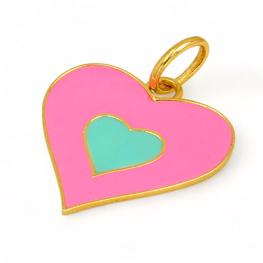 14K Yellow gold double heart pink and teal pendant-62737