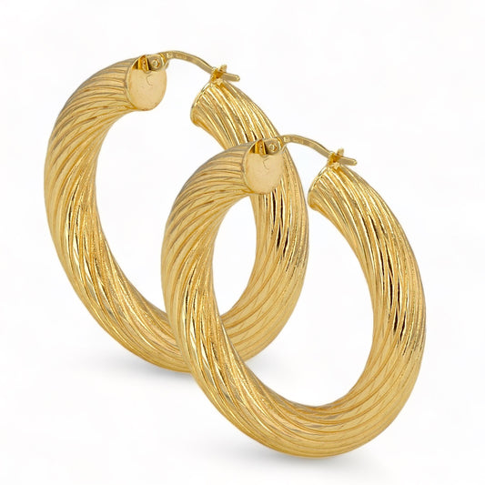 14K Yellow gold texture hoops earrings-7777