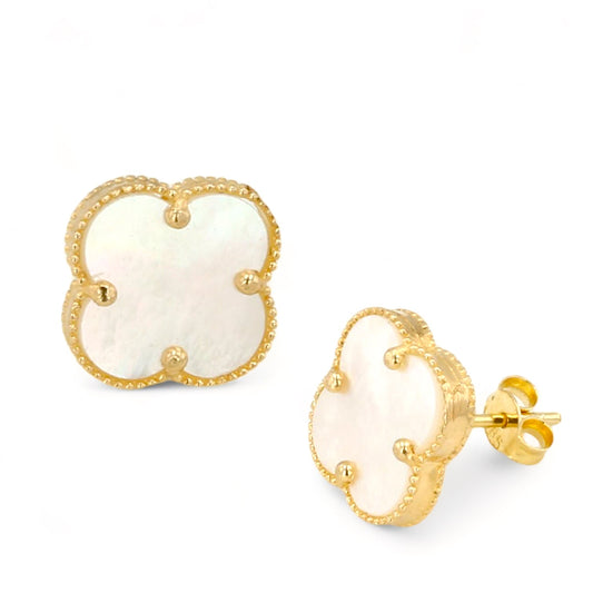 14K Yellow gold white mother pearl clover studs-8929