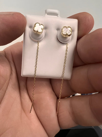 14K Yellow gold mother pearl clover dangling earrings-227454