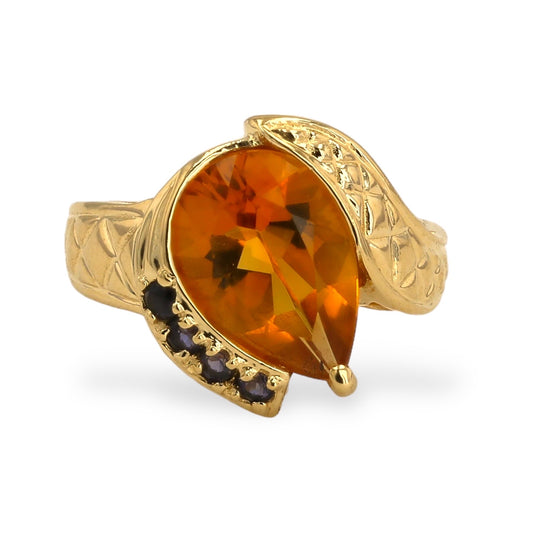 14K Yellow gold Pear Honey citrine with blue sapphire ring