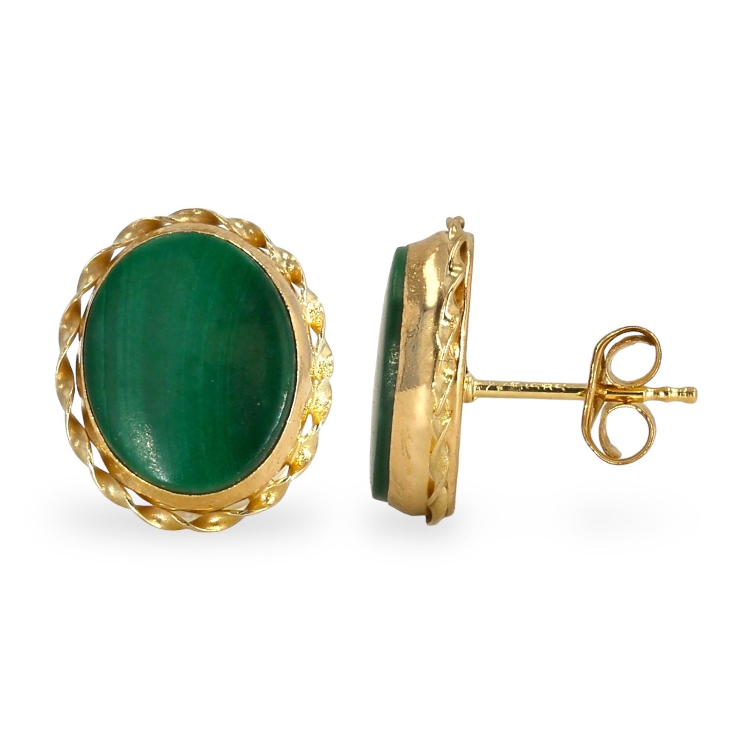 14K yellow gold oval green Malachite earrings