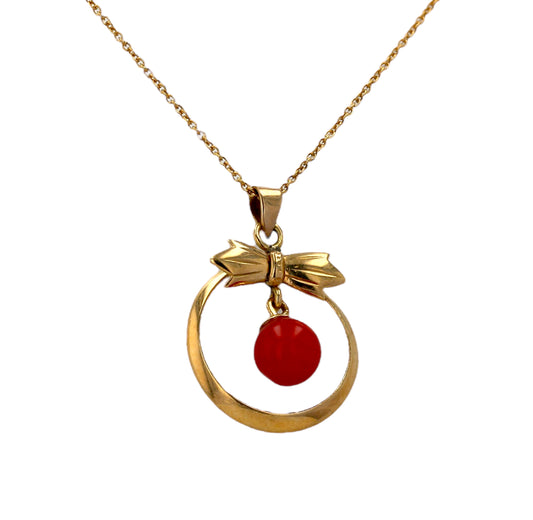 14K Yellow gold knot pendant floating red coral ball necklace