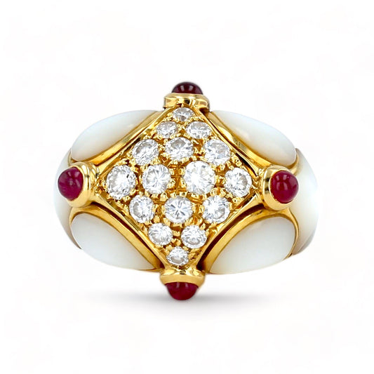18K Yellow gold mother pearl 1CT diamonds and ruby’s dome ring