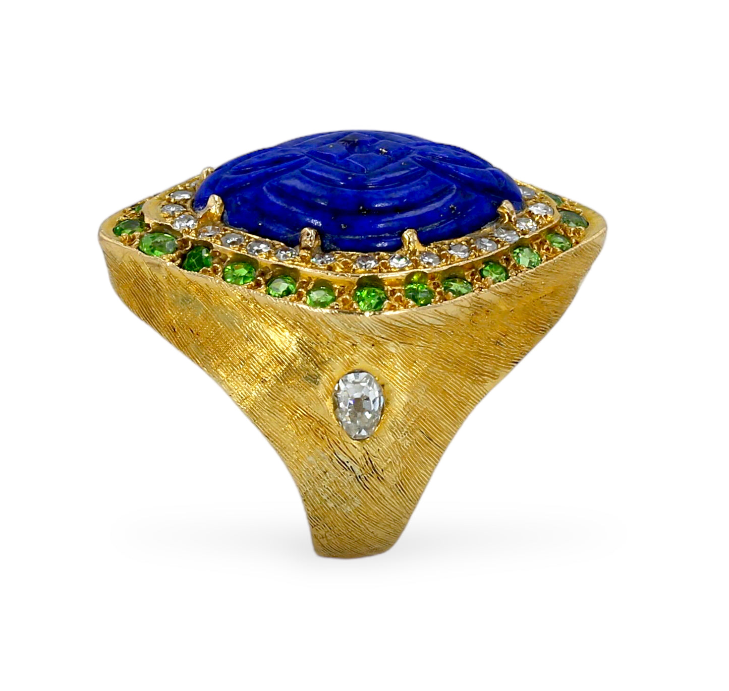 18k solid vintage yellow gold oval lapis lazuli carving diamonds round saborite ring