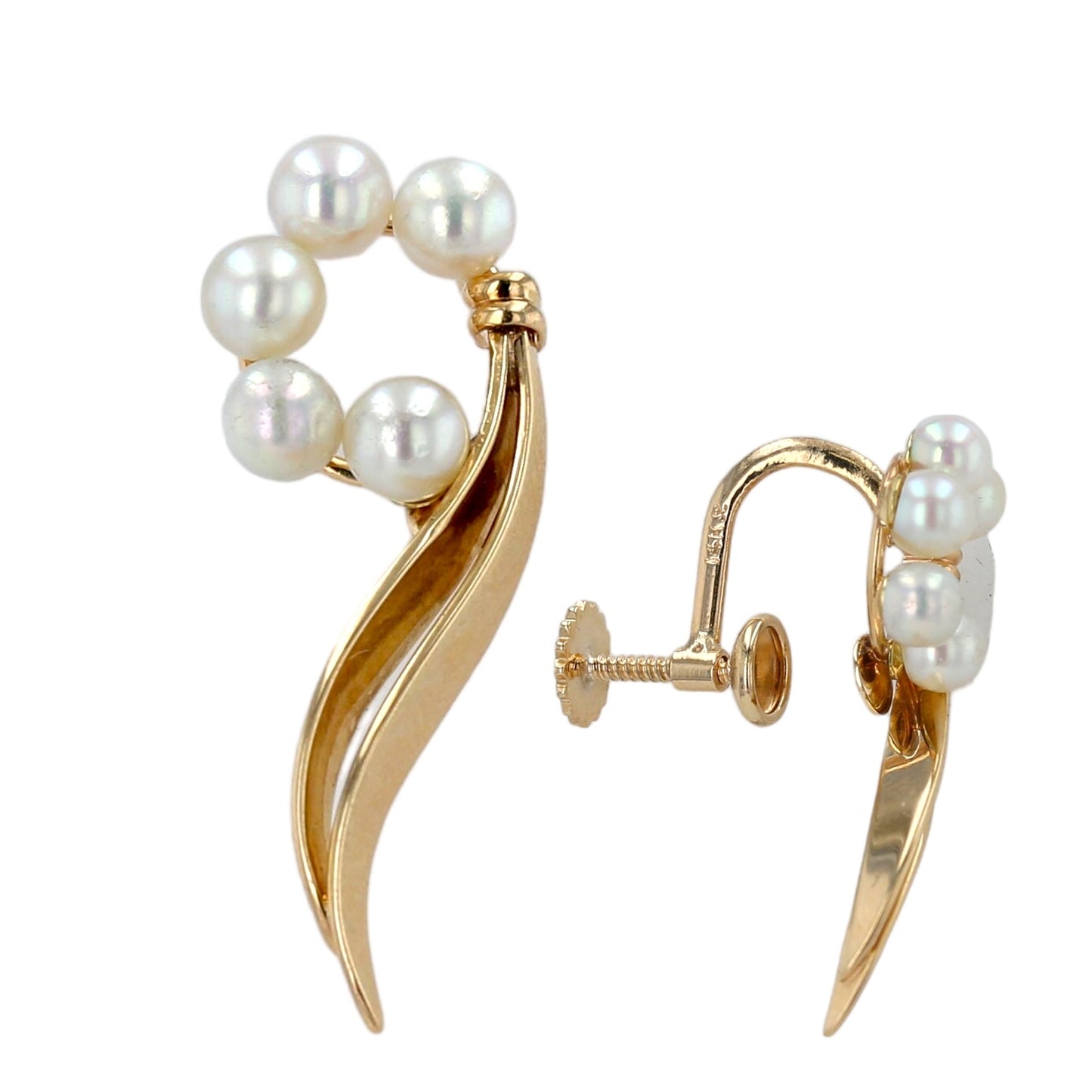 14K Yellow gold wave pearl vintage earrings