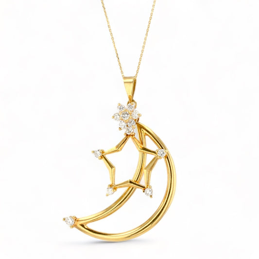 18K yellow gold high end moon star solid Vintage diamonds necklace-16677