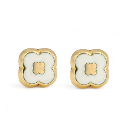 14K Yellow gold white clover studs earrings-45286