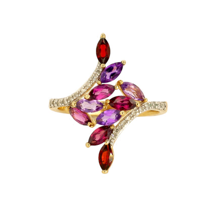 10k yellow gold cocktail color gems stone garnet amethyst and Rhodolite ring-18667
