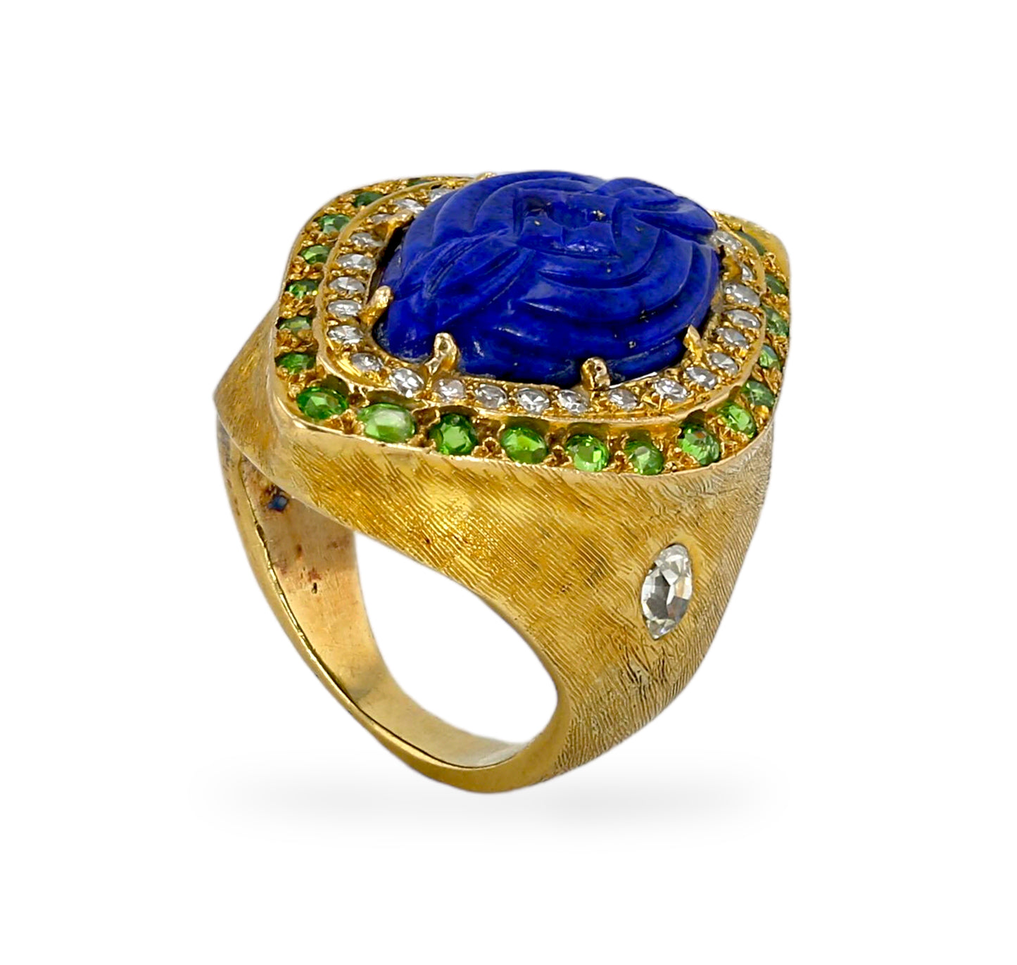 18k solid vintage yellow gold oval lapis lazuli carving diamonds round saborite ring