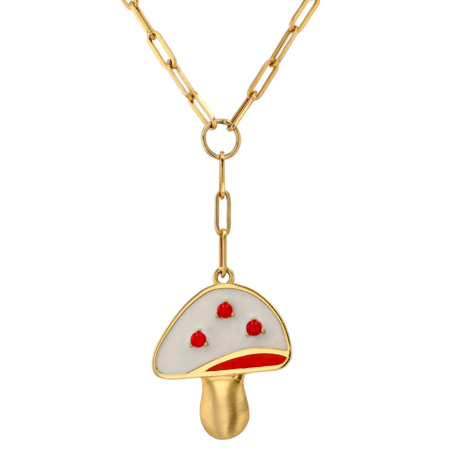 14K Yellow gold mushroom enamel red coral pendant choker paper clip-538393