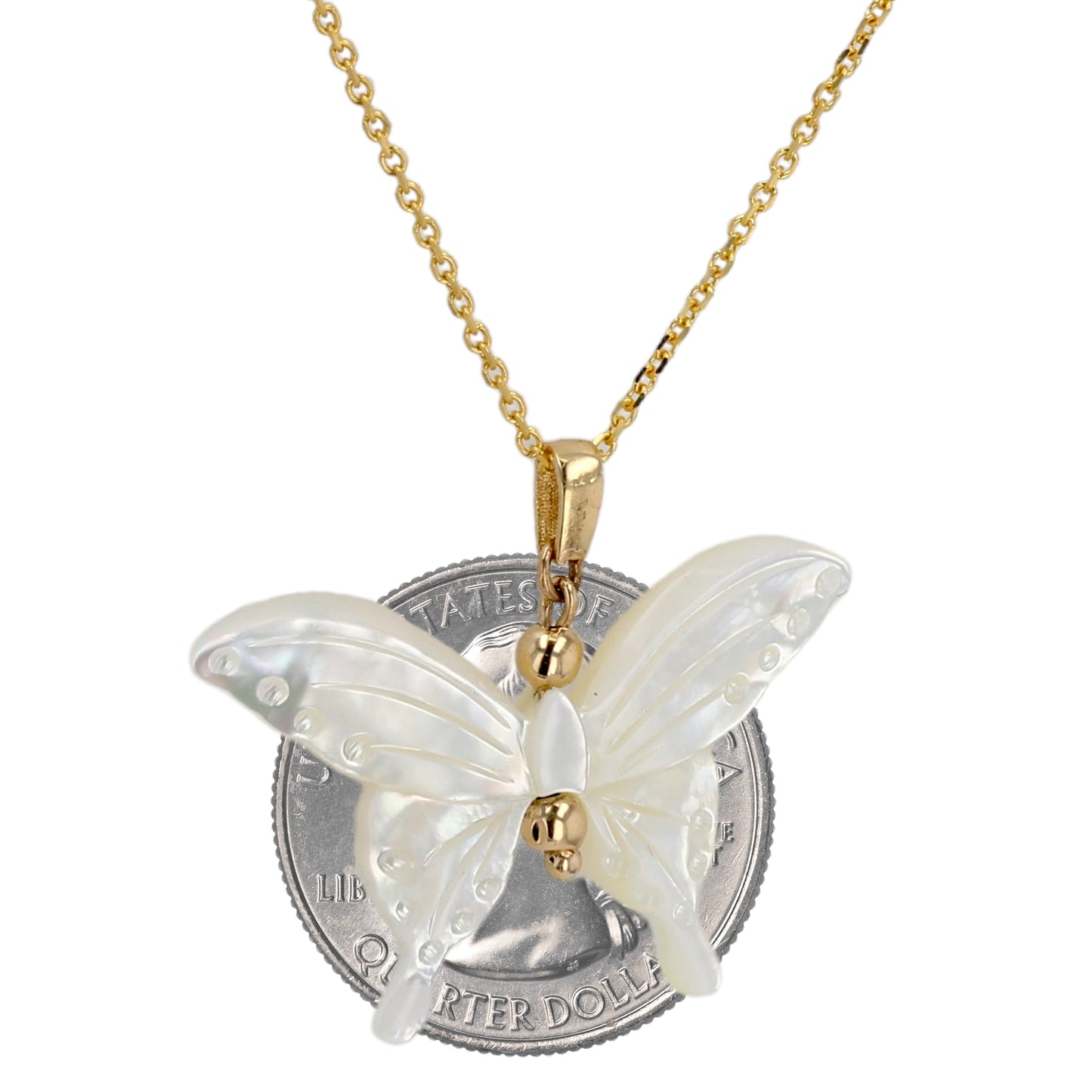 14K Yellow gold choker mother pearl carving butterfly pendant-25337