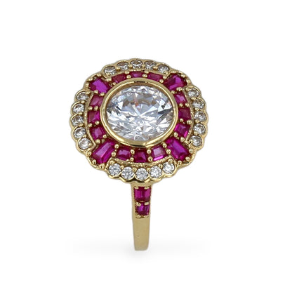 14K Yellow gold round rosette red ruby halo ring-207378