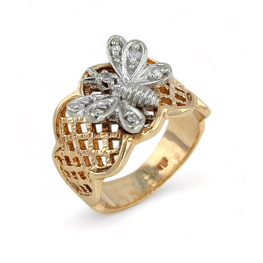 14K Yellow gold two tone butterfly diamond ring-20508