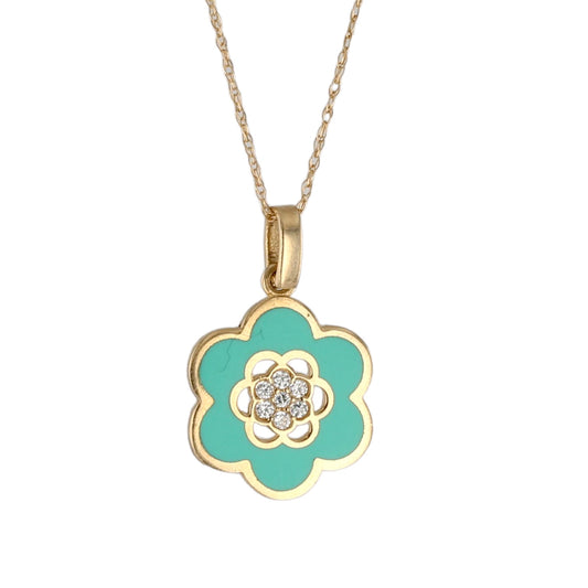 14K Yellow gold singapore chain teal clover pendant-5398202