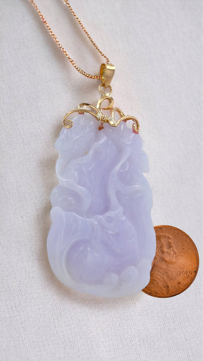 14K Yellow gold minimalist koi legend handmade light purple jade carving good luck pendant