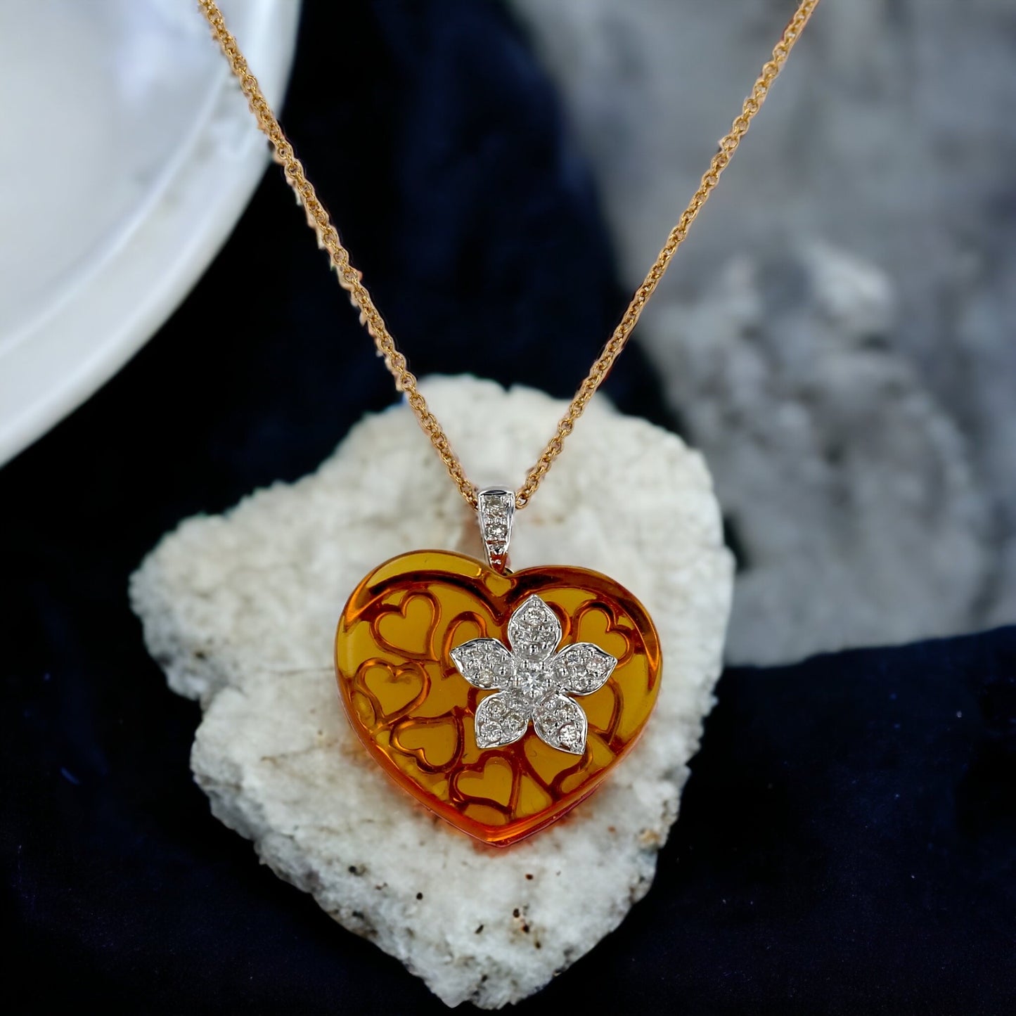 Yellow 14k gold heart citrine flower diamond necklace