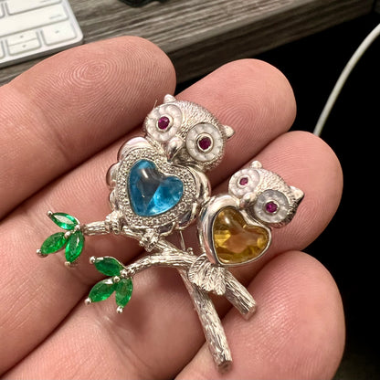 18k white gold duo owls accents blue topaz ruby citrine emerald and diamonds vintage pendant-Pin-11376
