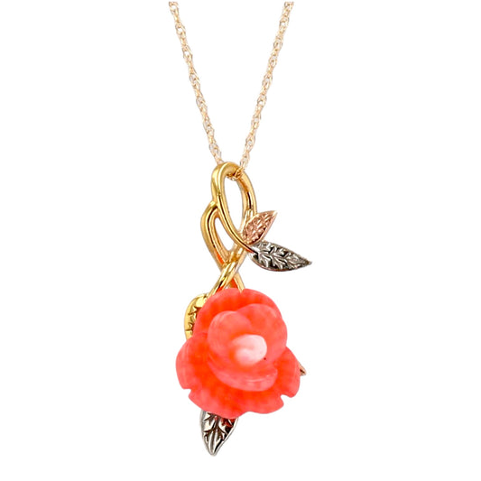 14K Yellow gold red coral rose pendant Singapore chain-52931