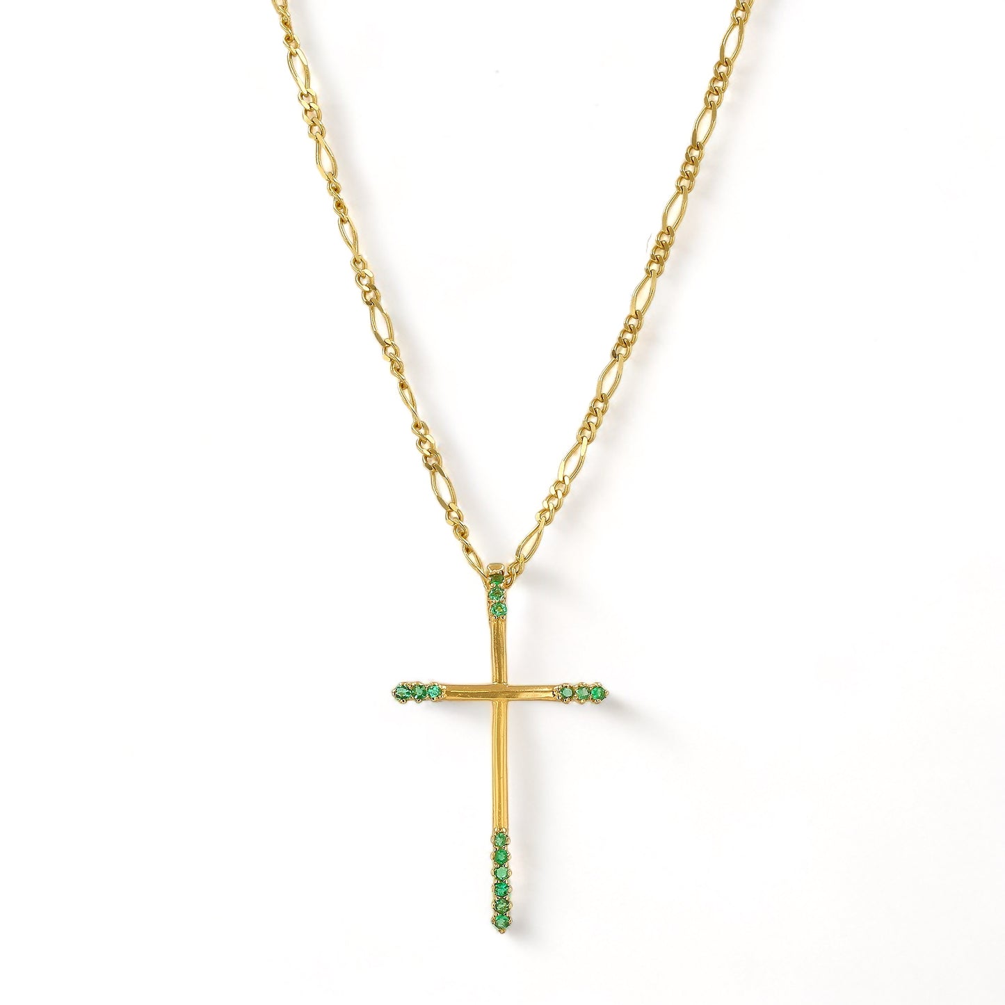18K yellow gold solid figaro chain arch cross colombian emerald-227000