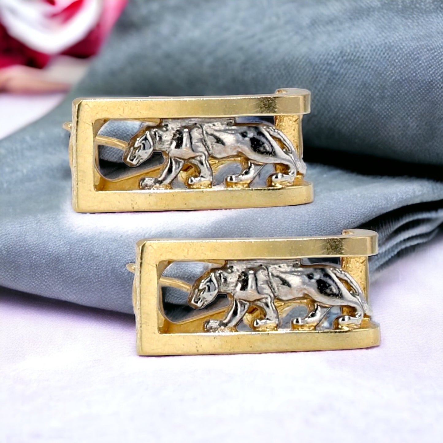 Yellow and white gold solid 14k panther earrings