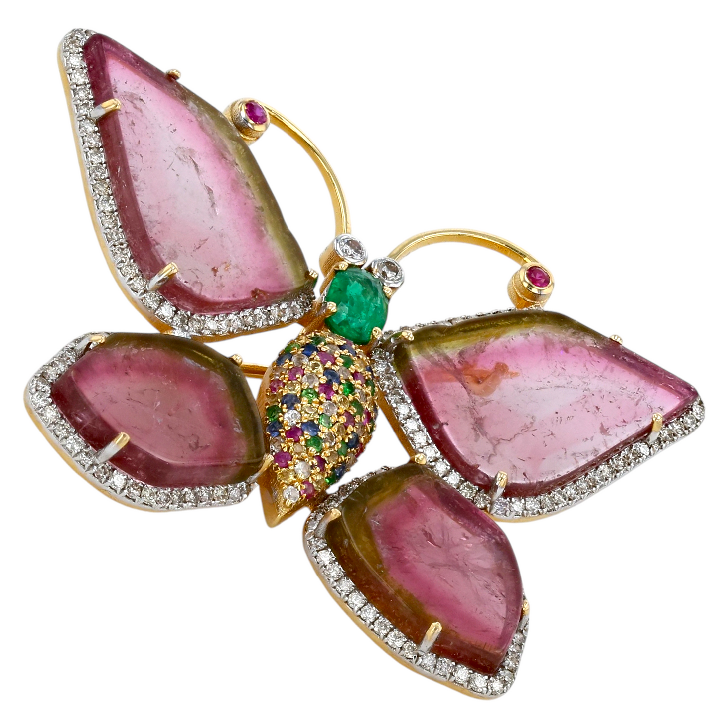 18k Yellow gold  Watermelon tourmaline butterfly pin