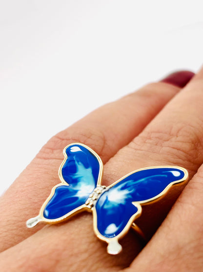 14K Yellow gold diamonds blue monarca butterfly hand painted ring-273939