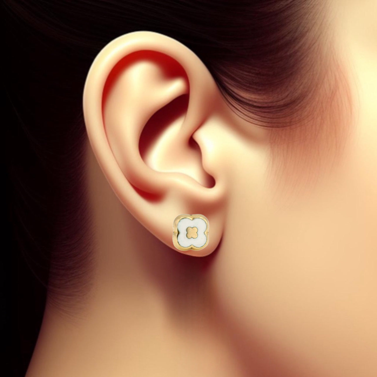 14K Yellow gold white clover studs earrings-45286