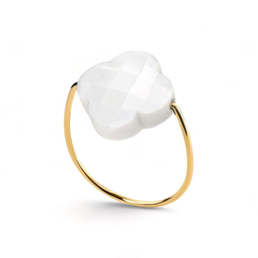 14k yellow gold White Agate faceted clover ring preorder-CG005