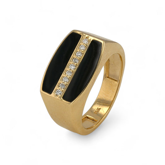 14K Yellow gold solid diamonds black enamel ring-63779
