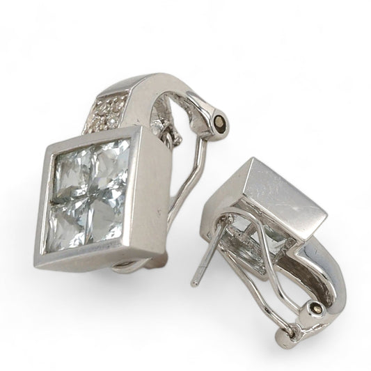 14K White  gold solid natural aquamarine and diamonds square omega lock earrings-12242