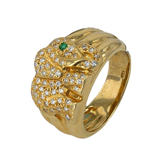 18k solid yellow gold luck elephant 3D diamonds and emerald accents ring-58822